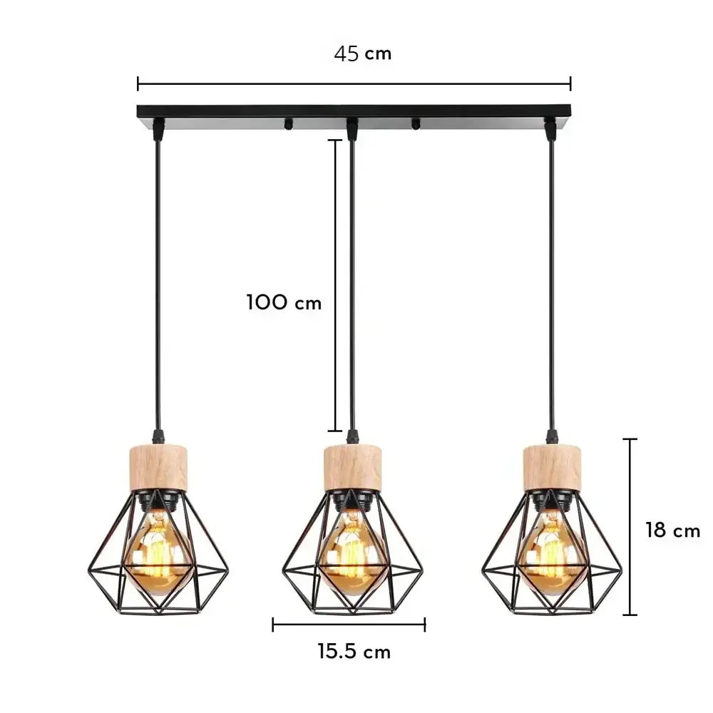 Vintage black wood and iron cage pendant light with three warm filament bulbs for dining room lighting in square meters