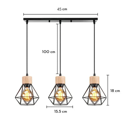 Vintage black wood and iron cage pendant light with three warm filament bulbs for dining room lighting in square meters