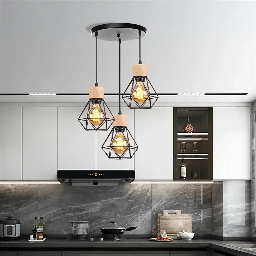 Vintage black wood and iron cage pendant light with warm edison bulbs for dining room illumination in square meters