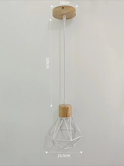 Minimalist pendant light with white geometric iron cage and natural wood accents for dining room lighting