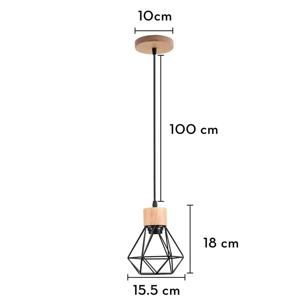 Vintage black pendant light with iron cage and natural wood ceiling mount for dining room lighting square meters coverage