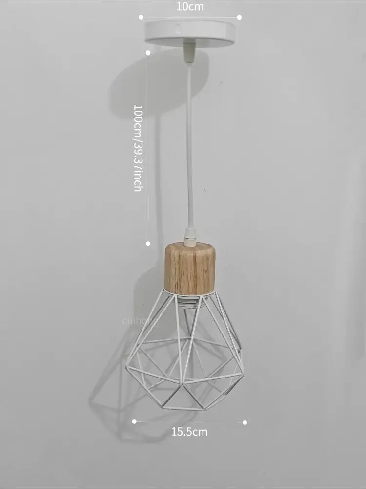 Vintage black wood and iron cage pendant light with white metal wire and natural wood cap for dining room lighting