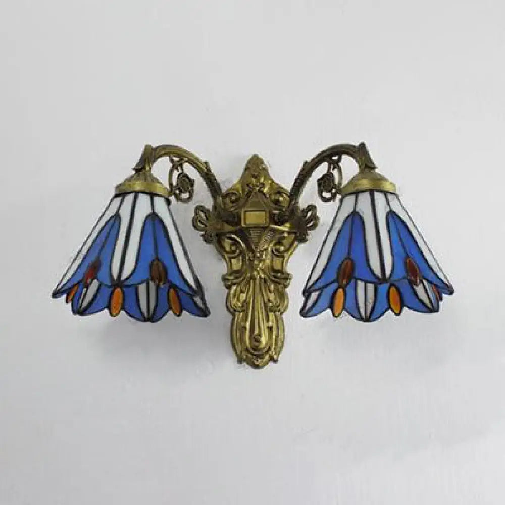 Vintage Blue/Beige Floral Stained Glass Wall Mount Light with 2 Bulbs - Antique Brass Bedroom Lighting