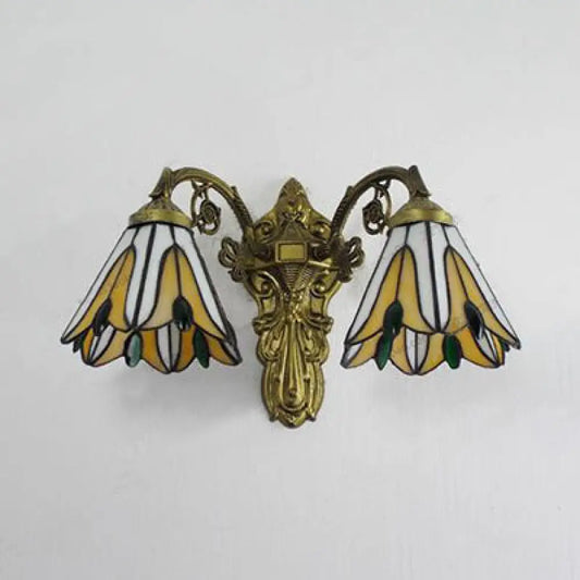 Vintage Blue/Beige Floral Stained Glass Wall Mount Light with 2 Bulbs - Antique Brass Bedroom Lighting