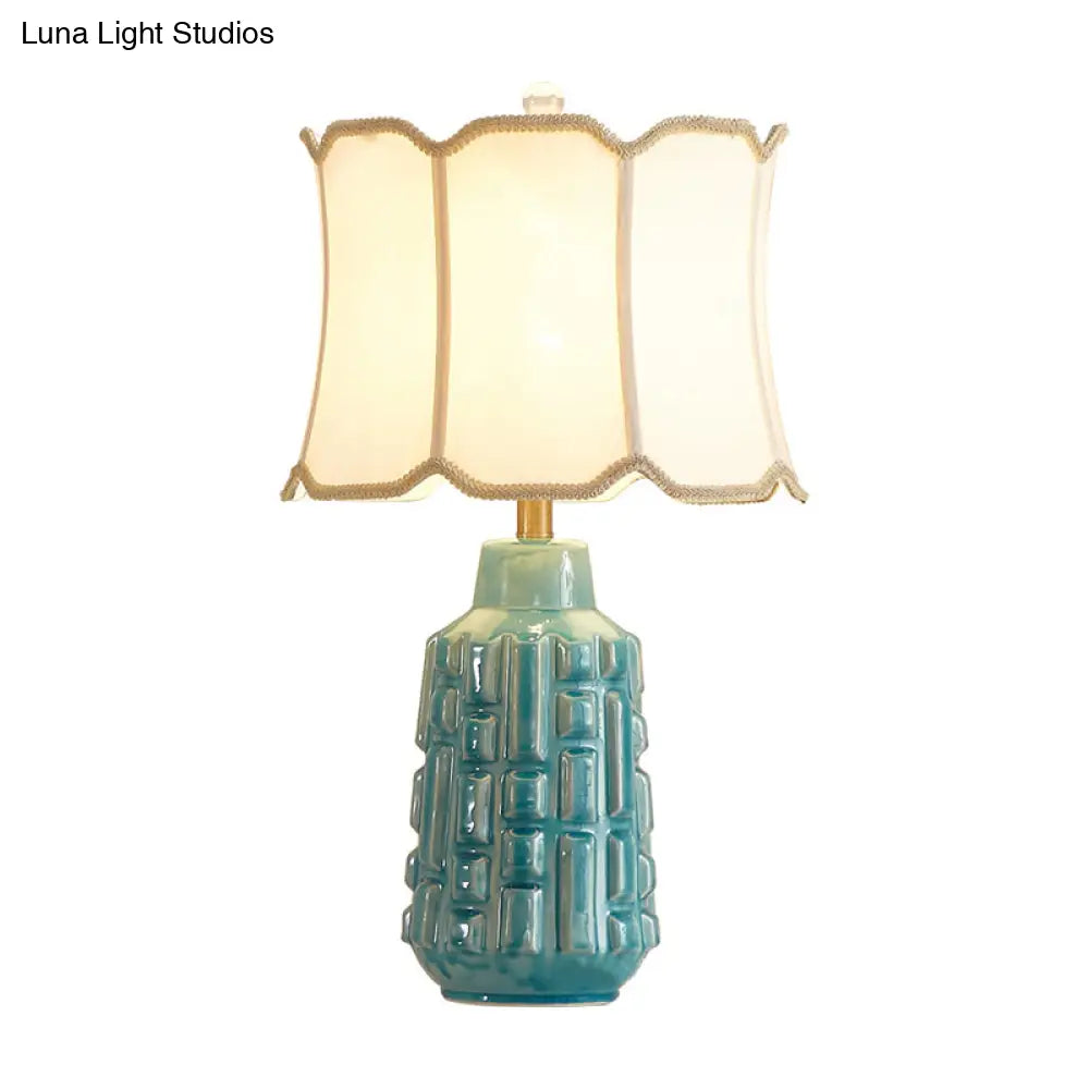Vintage Blue Bell/Drum Table Lamp with Scalloped Fabric Shade - Ceramic Base for Parlor Nightstand