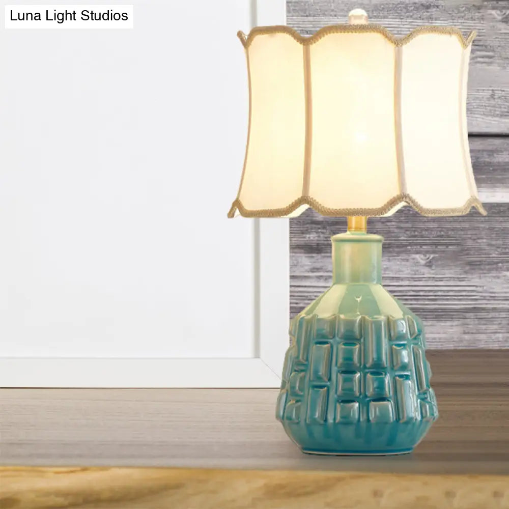 Vintage Blue Bell/Drum Table Lamp with Scalloped Fabric Shade - Ceramic Base for Parlor Nightstand