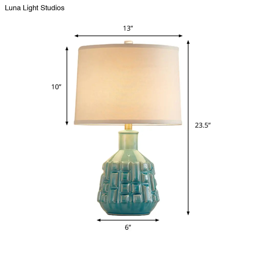 Vintage Blue Bell/Drum Table Lamp with Scalloped Fabric Shade - Ceramic Base for Parlor Nightstand