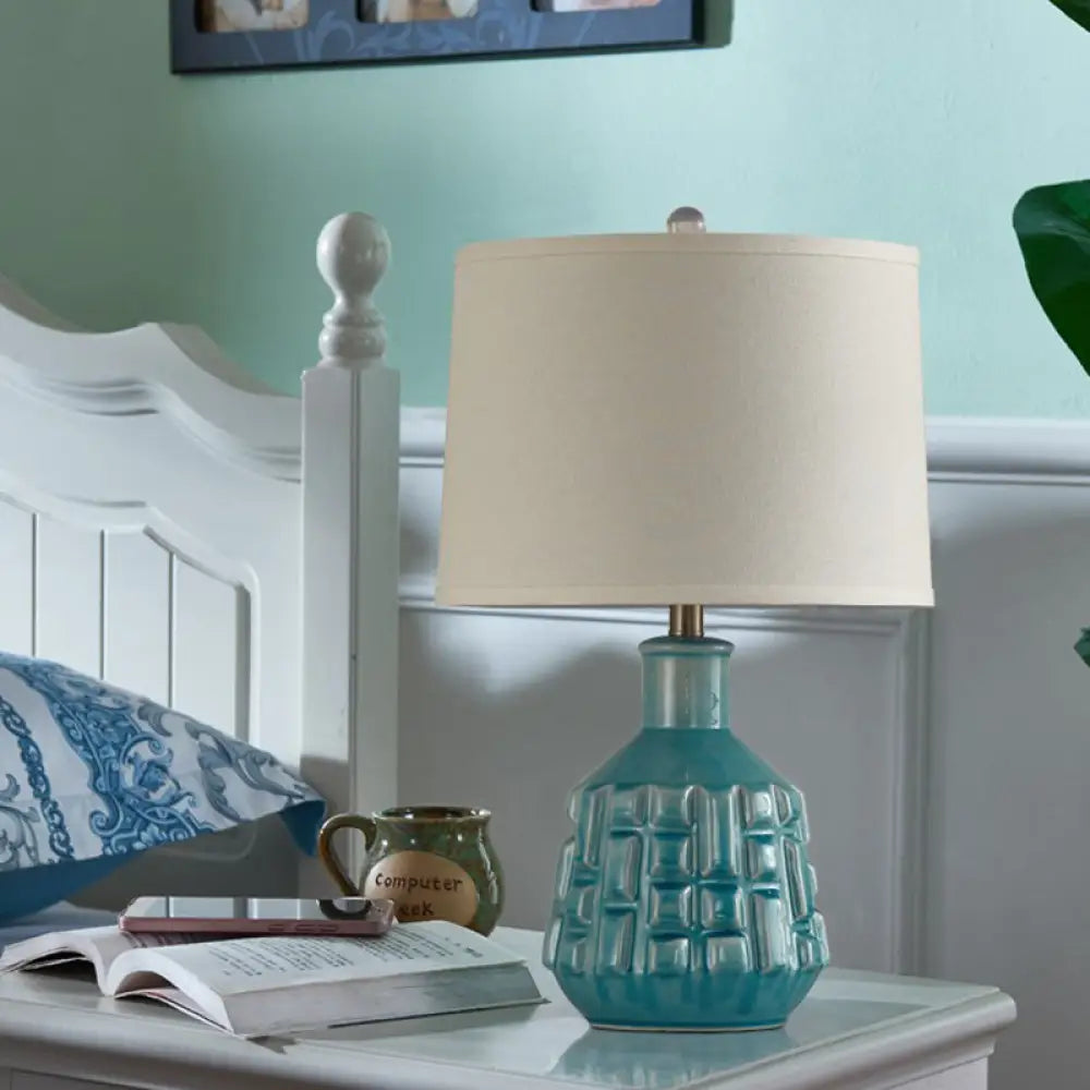 Vintage Blue Bell/Drum Table Lamp with Scalloped Fabric Shade - Ceramic Base for Parlor Nightstand