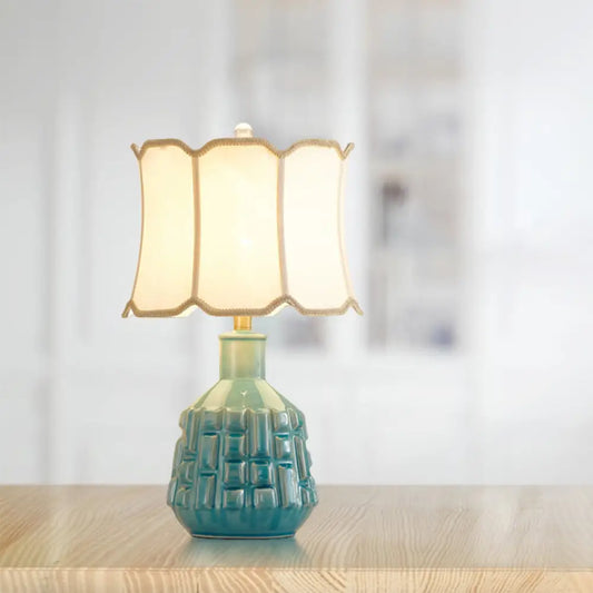 Vintage Blue Bell/Drum Table Lamp with Scalloped Fabric Shade - Ceramic Base for Parlor Nightstand