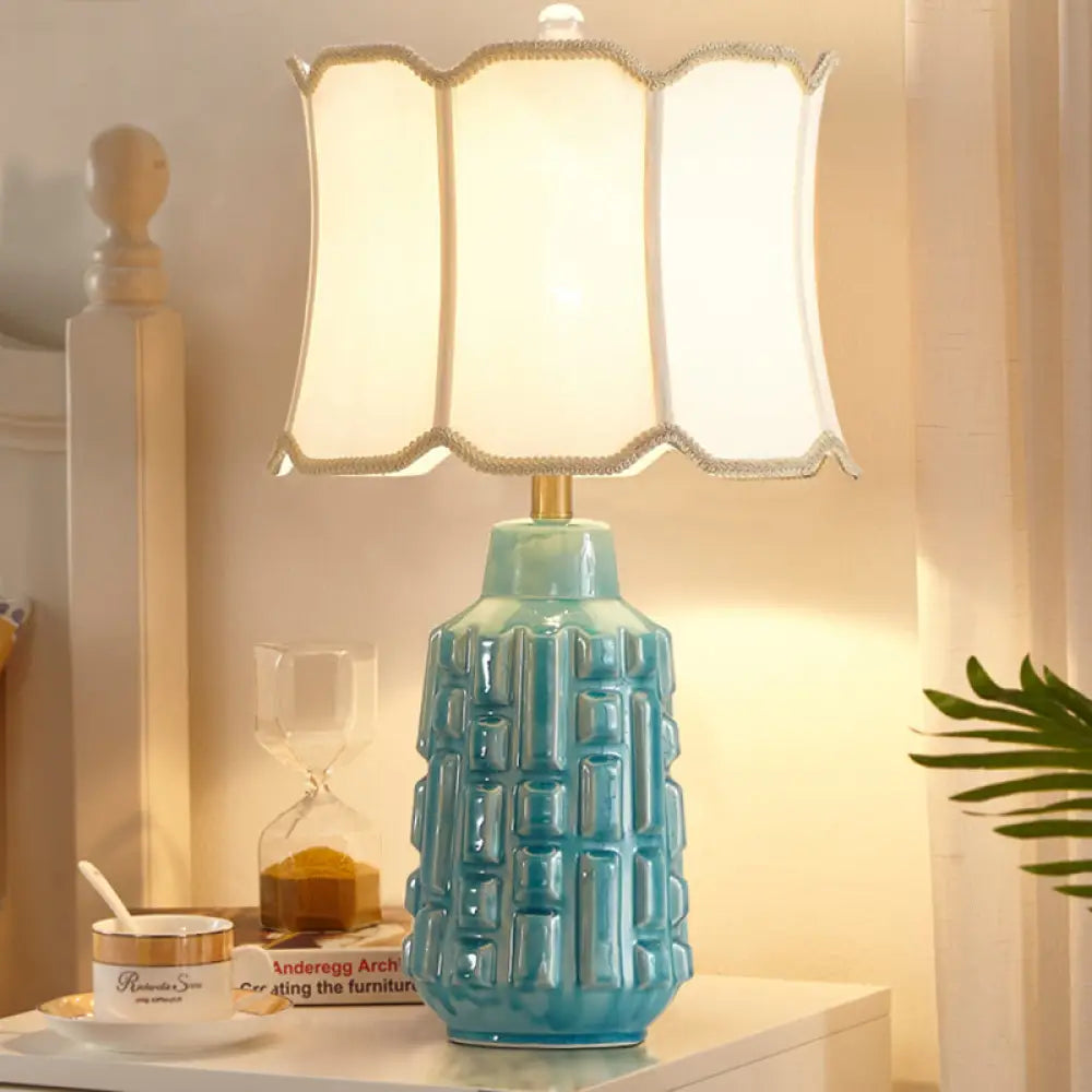 Vintage Blue Bell/Drum Table Lamp with Scalloped Fabric Shade - Ceramic Base for Parlor Nightstand