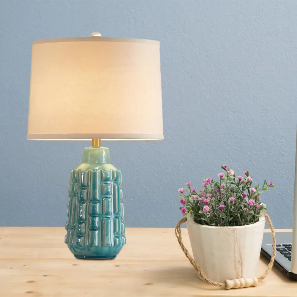 Vintage Blue Bell/Drum Table Lamp with Scalloped Fabric Shade - Ceramic Base for Parlor Nightstand