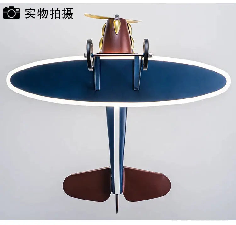 Vintage blue and brown iron aircraft pendant light with gold propeller blades for boys bedroom decorbites iron aircraft