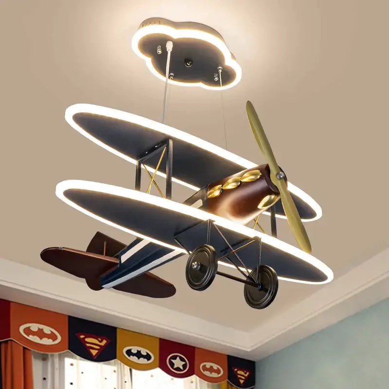 Vintage blue and brown iron aircraft pendant light with led wing strips and gold accents for boys bedroom decorbites iron aircraft