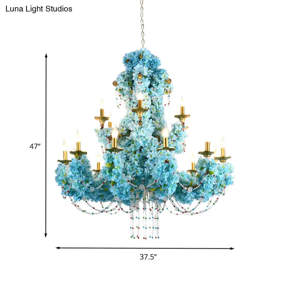 Vintage Blue Candelabra LED Chandelier Light with Crystal Accent - Metal, 12 Lights - Ideal for Restaurants & More