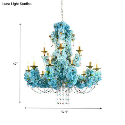 Vintage Blue Candelabra LED Chandelier Light with Crystal Accent - Metal, 12 Lights - Ideal for Restaurants & More