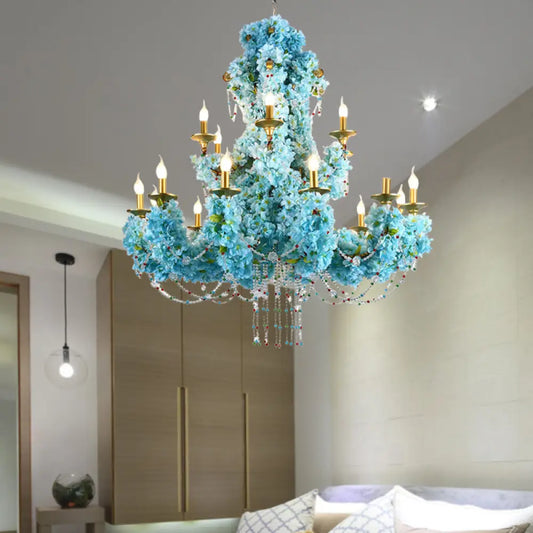 Vintage Blue Candelabra LED Chandelier Light with Crystal Accent - Metal, 12 Lights - Ideal for Restaurants & More