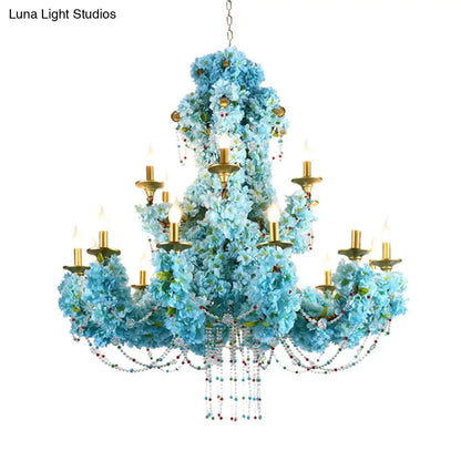 Vintage Blue Candelabra LED Chandelier Light with Crystal Accent - Metal, 12 Lights - Ideal for Restaurants & More