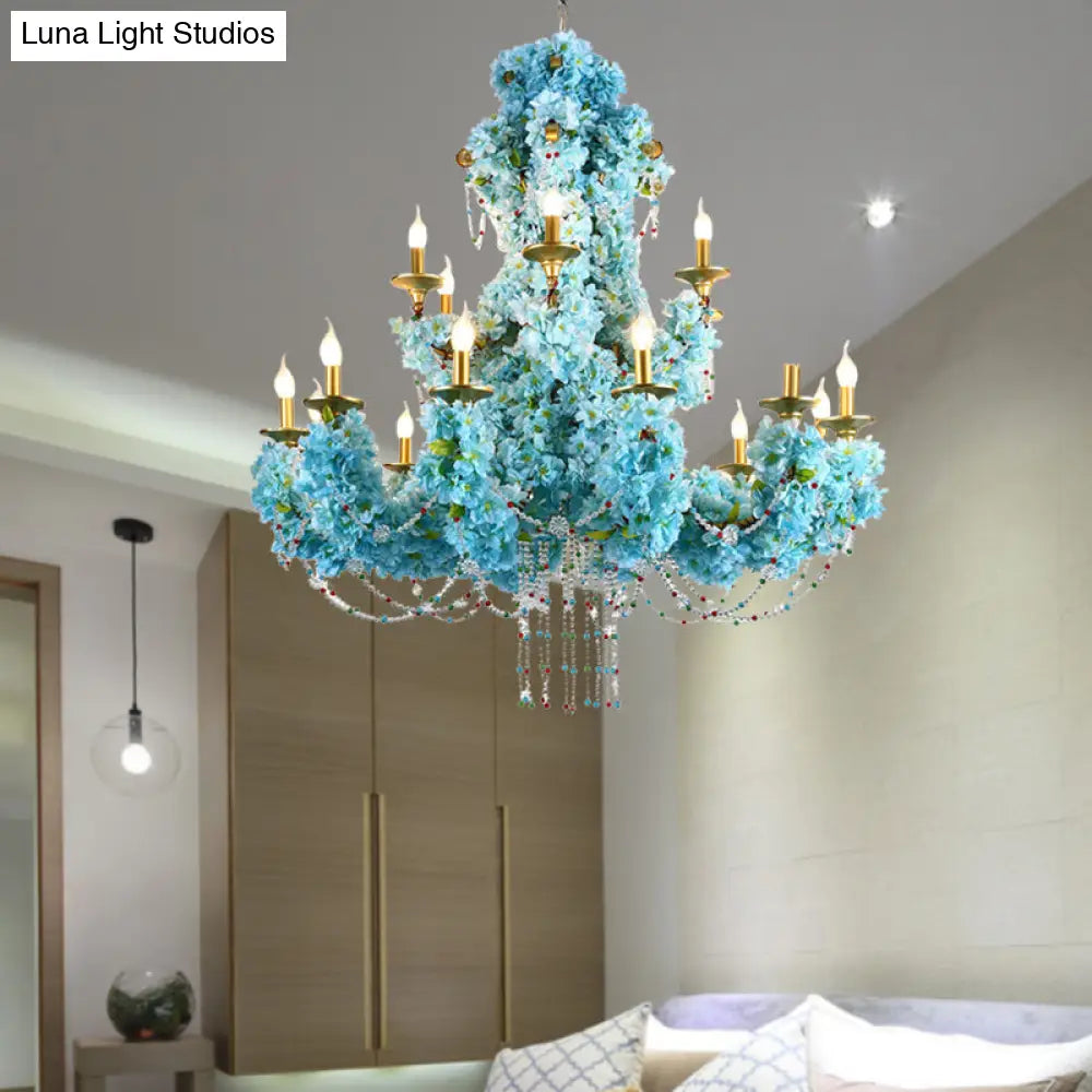 Vintage Blue Candelabra LED Chandelier Light with Crystal Accent - Metal, 12 Lights - Ideal for Restaurants & More