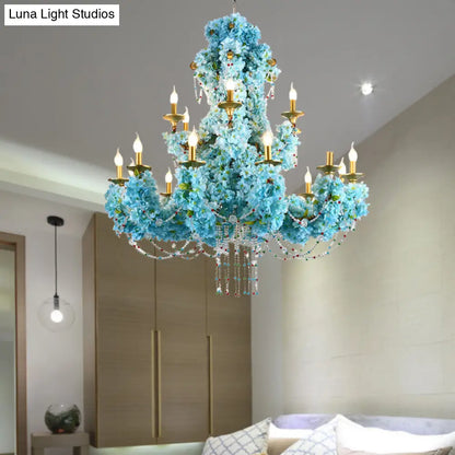 Vintage Blue Candelabra LED Chandelier Light with Crystal Accent - Metal, 12 Lights - Ideal for Restaurants & More