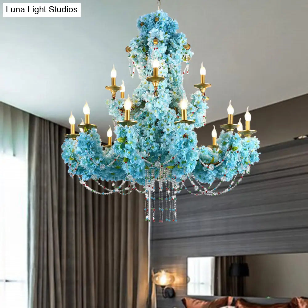 Vintage Blue Candelabra LED Chandelier Light with Crystal Accent - Metal, 12 Lights - Ideal for Restaurants & More