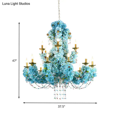 Vintage Blue Candelabra LED Chandelier Light with Crystal Accent - Metal, 12 Lights - Ideal for Restaurants & More