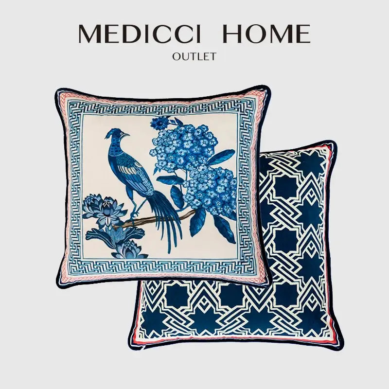 Vintage blue and cream peacock toile pillow cover with intricate bird floral design and pink-trimmed edges cushion case