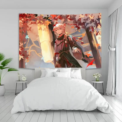 Vintage blue genshin impact anime tapestry featuring a pink-haired character with autumn leaves in warm tones for bedroom decor