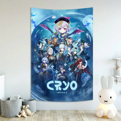 Vintage blue genshin impact anime tapestry featuring vibrant characters and stylized text for bedroom wall decorbites decor