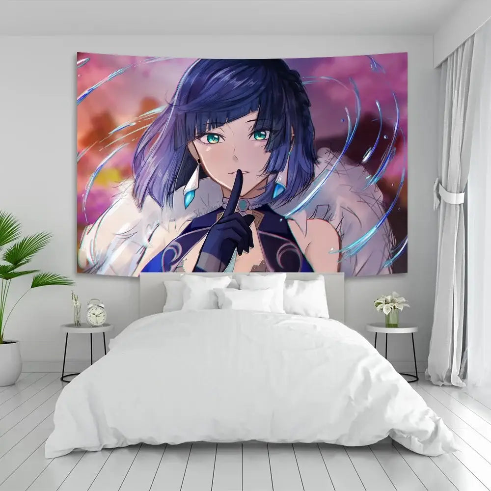 Vintage blue genshin impact anime tapestry featuring a deep blue haired girl with green eyes for bedroom decorbites decor