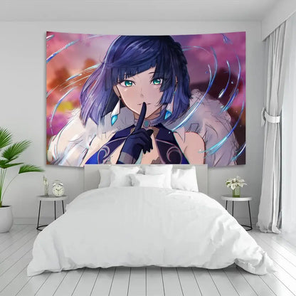 Vintage blue genshin impact anime tapestry featuring a deep blue haired girl with green eyes for bedroom decorbites decor