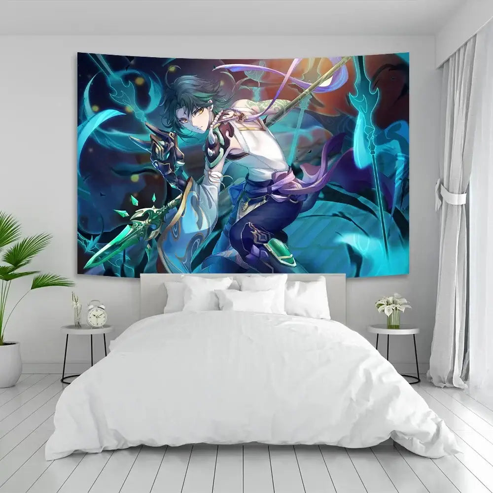 Vintage blue Genshin Impact anime tapestry featuring a vibrant warrior with glowing weapons above a white bed decorbites Genshin Impact