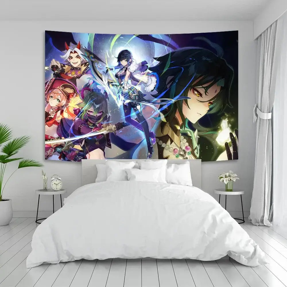 Vintage blue genshin impact anime tapestry featuring vibrant colorful characters for bedroom wall decorbites decor