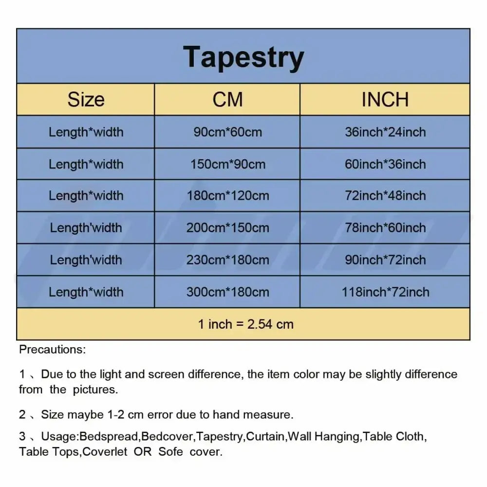 Blue tapestry size chart in centimeters and inches for vintage genshin impact anime wall hanging or bedspread decorbites genshin impact