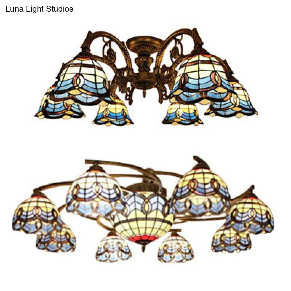 Vintage Blue Glass Tiffany Semi Flush Ceiling Light with 6/9 Baroque Design Lights - Ideal for Living Room Décor