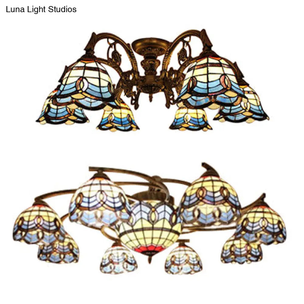 Vintage Blue Glass Tiffany Semi Flush Ceiling Light with 6/9 Baroque Design Lights - Ideal for Living Room Décor