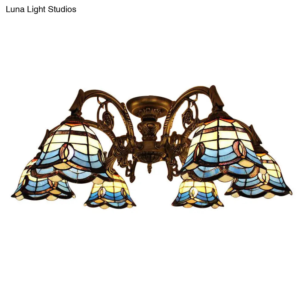 Vintage Blue Glass Tiffany Semi Flush Ceiling Light with 6/9 Baroque Design Lights - Ideal for Living Room Décor
