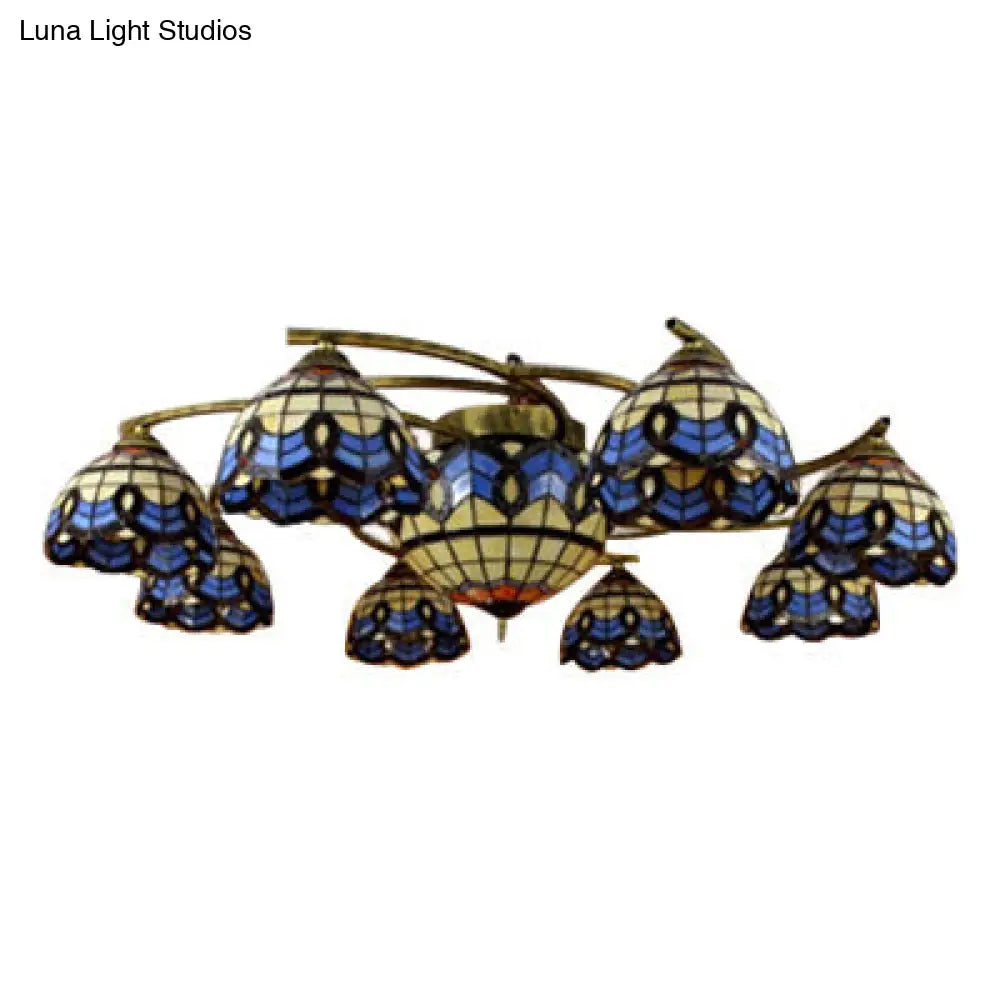 Vintage Blue Glass Tiffany Semi Flush Ceiling Light with 6/9 Baroque Design Lights - Ideal for Living Room Décor