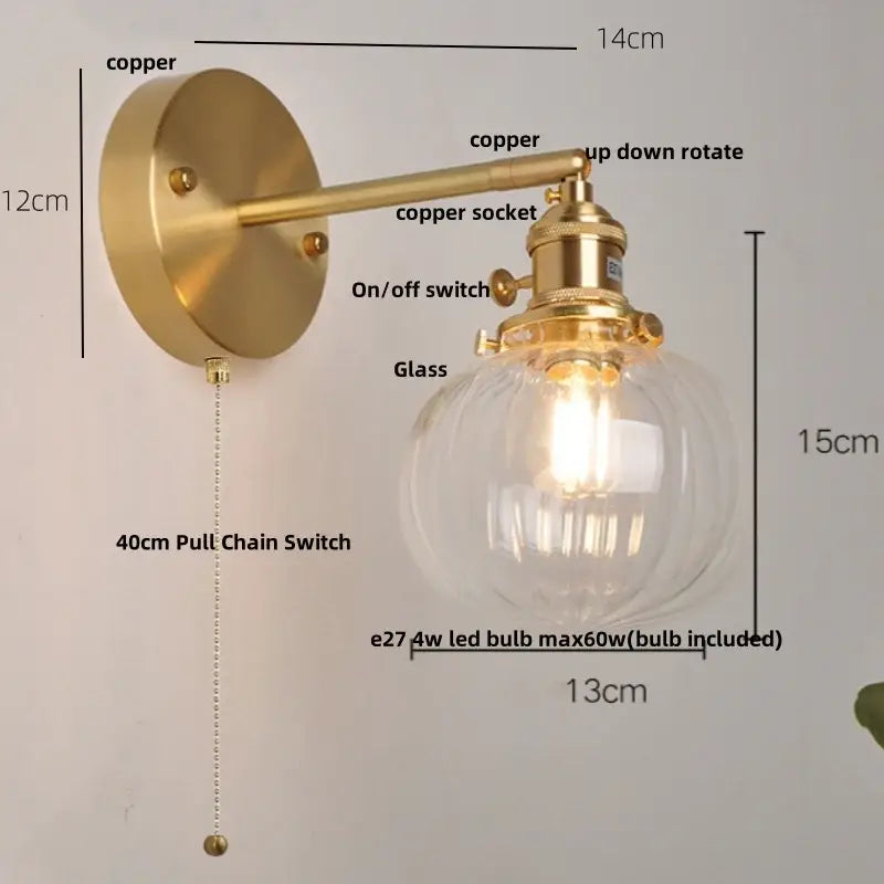 Brass-finished copper wall lamp with clear globe shade and e27 led bulb for vintage blue glass decorbites blue glass sconce
