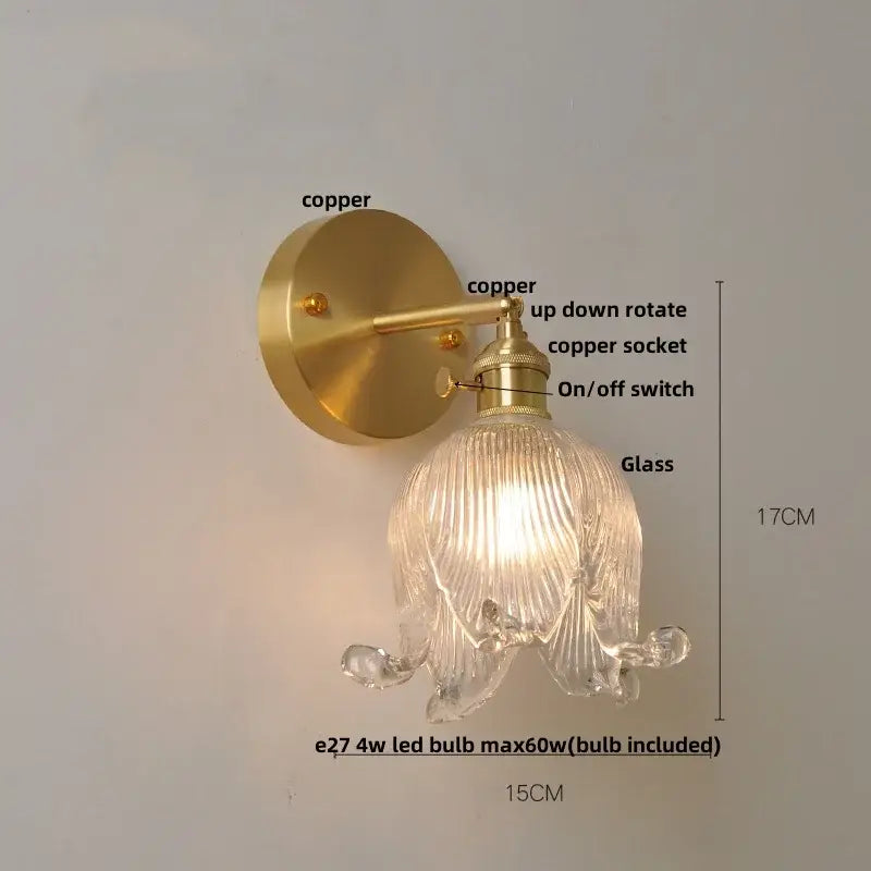 Vintage blue glass wall lamp with a clear ribbed glass lampshade and copper finish decorbites blue glass sconce
