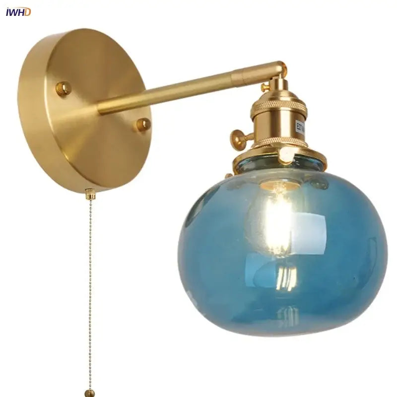 Vintage blue glass wall lamp with brass hardware and pull chain switch ideal for decorbites blue glass bedroom decor