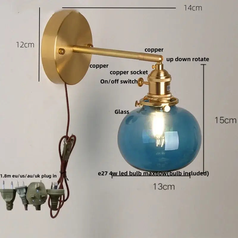 Vintage blue glass wall lamp with brass copper finish hardware decorbites blue glass bedroom pull chain sconce