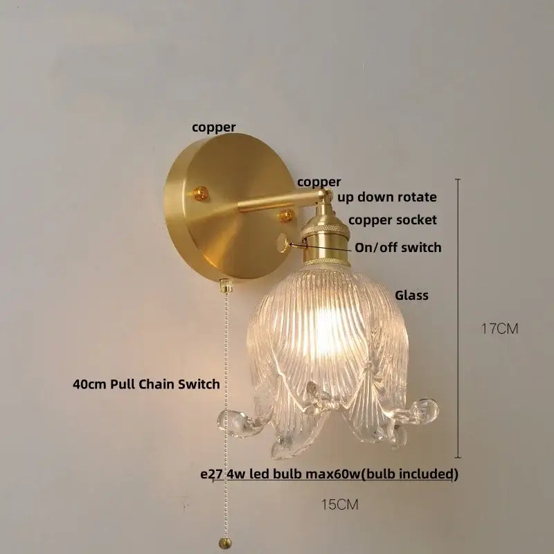 Gold-toned copper wall lamp with ribbed translucent blue glass shade shaped like an open flower decorbites blue glass