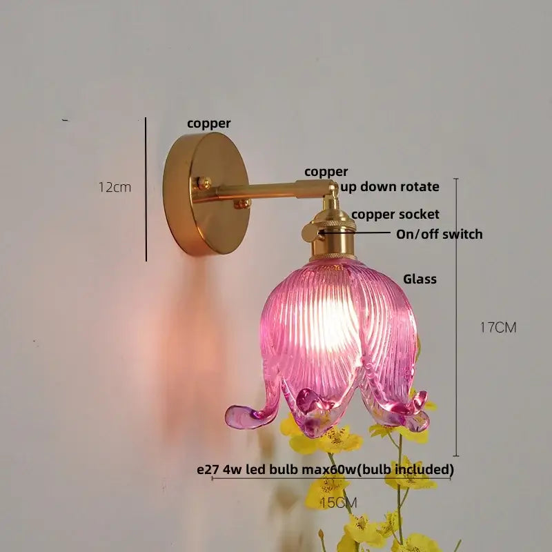 Pink ribbed glass flower wall sconce with copper hardware for bedroom decor featuring decorbites blue glass wall lamp