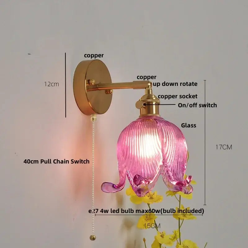 Vintage blue glass wall lamp with pink ribbed glass flower sconce copper hardware and pull chain decorbites blue glass