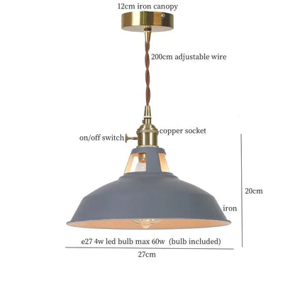 Vintage blue iron art pendant light with matte gray iron shade, brass canopy, and adjustable copper wire suspension by decorbites blue iron
