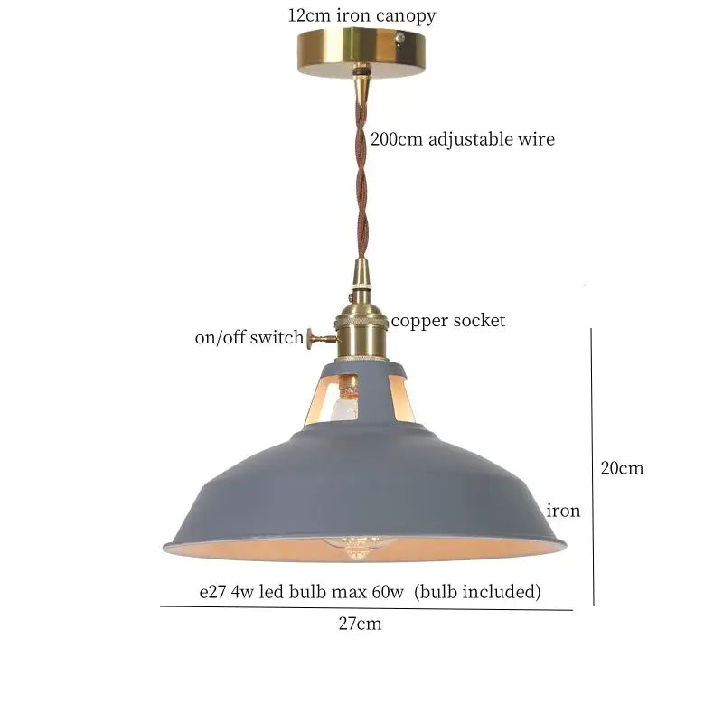 Vintage blue iron art pendant light with matte gray iron shade, brass canopy, and adjustable copper wire suspension by decorbites blue iron