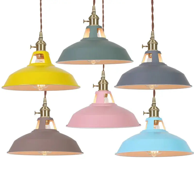 Set of five colorful vintage-style pendant lights with brass hardware and fabric cords decorbites blue iron art design