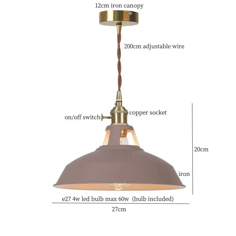 Vintage blue iron art pendant light with matte gray iron shade brass accents and adjustable braided wire suspension