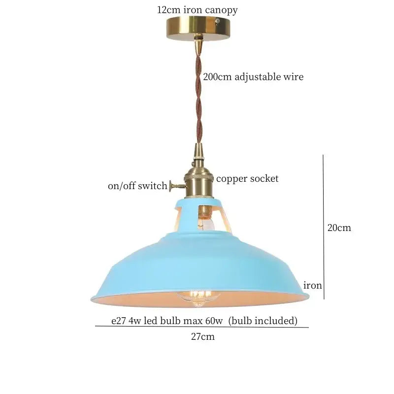 Vintage blue iron art pendant light with matte sky-blue iron shade brass-finished canopy for kitchen decorbites pendant light