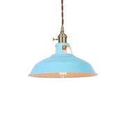 Vintage blue iron art pendant light with matte sky-blue metal shade and brass hardware by decorbites blue iron